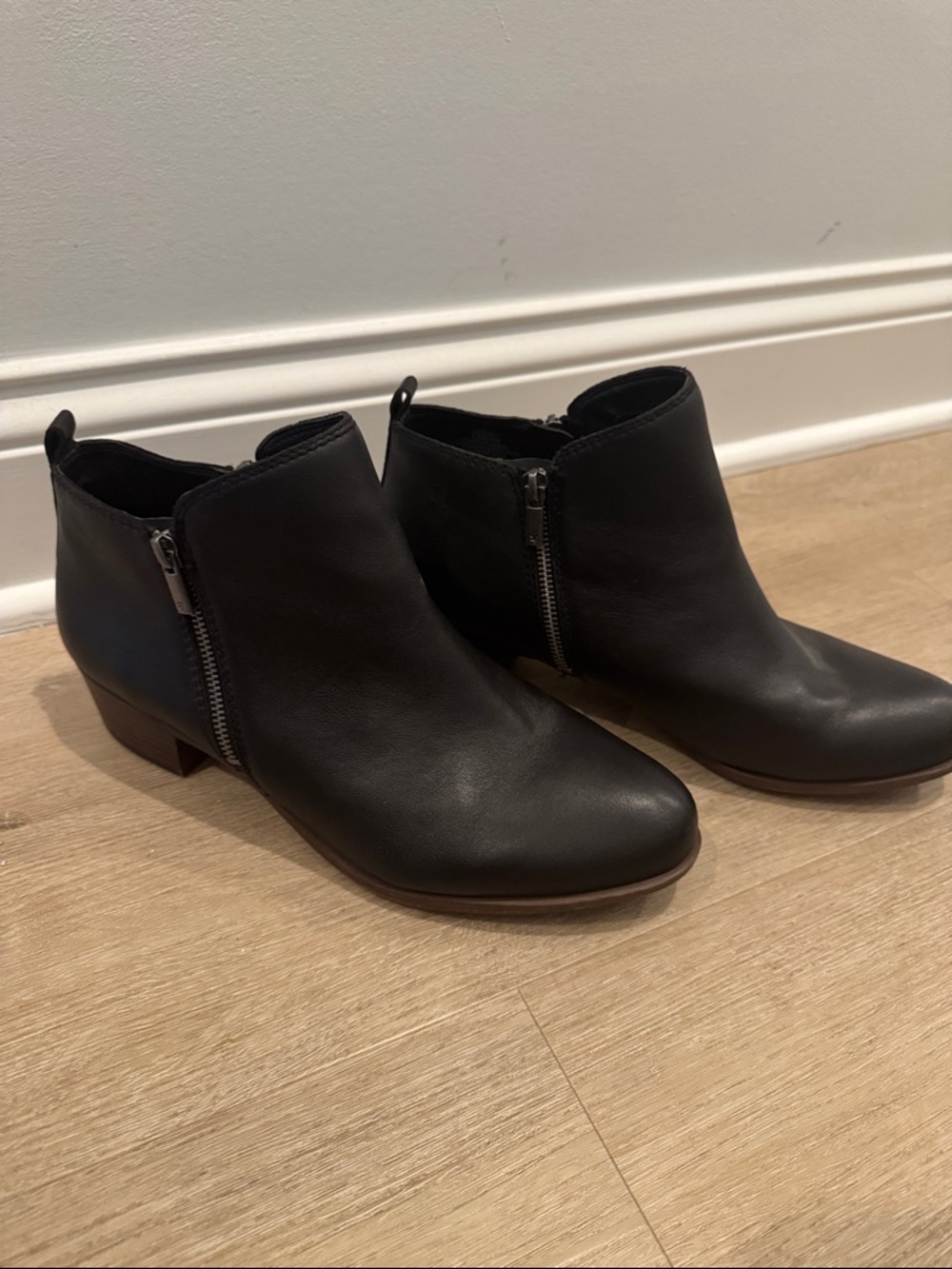Lucky Brand Black Leather Side Zip Booties with Low Heel